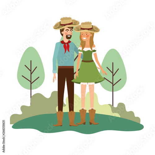 farmers couple talking with straw hat in landscape