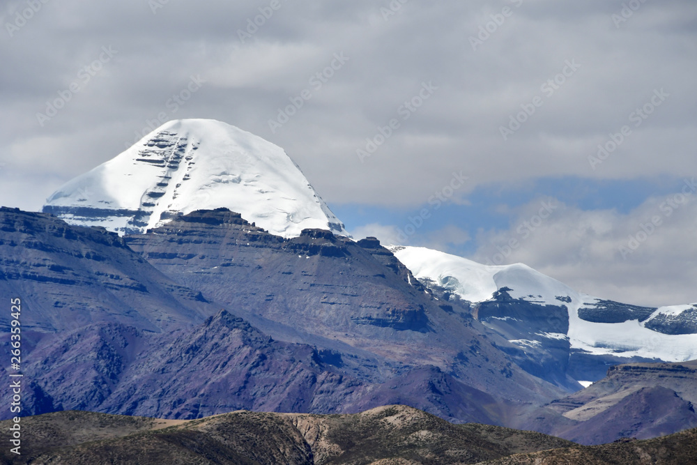 China, Tibet. South face of mount Kailash (Kailas) in the summer in cloudy day from the side of plateau of Bark