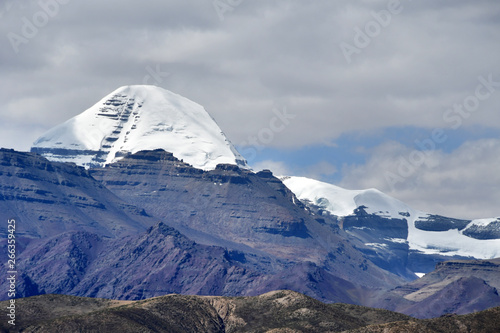 China, Tibet. South face of mount Kailash (Kailas) in the summer in cloudy day from the side of plateau of Bark