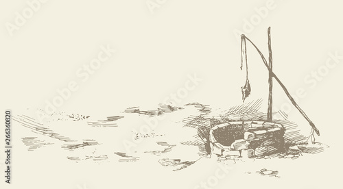 Man and camels at withered well in desert. Vector drawing