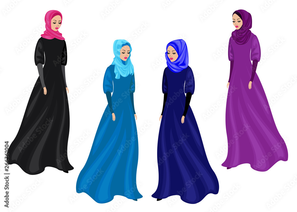 Collection. Silhouette of a sweet lady. The girl wears traditional Muslim women's clothing, hijab. Young and beautiful woman. Vector illustration set Collection. Silhouette of a sweet lady. The girl wears traditional Muslim women's clothing, hijab. Young and beautiful woman. Vector illustration set