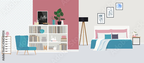 Blue armchair against the backdrop of a pink wall in a spacious, bright bedroom. Vector flat illustration.