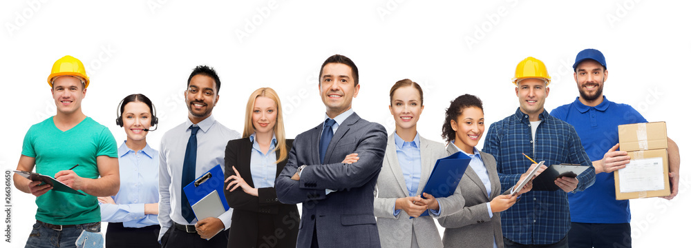 © Syda Productions - logistic business, delivery service and people concept - happy international office and manual workers over white background © Syda Productions - logistic business, delivery service and people concept - happy international office and manual workers over white background