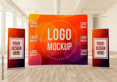 Curved Pop-Up Banner and 2 Roll-Up Banners in a Light Interior Mockup