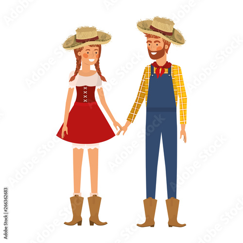 farmers couple talking with straw hat