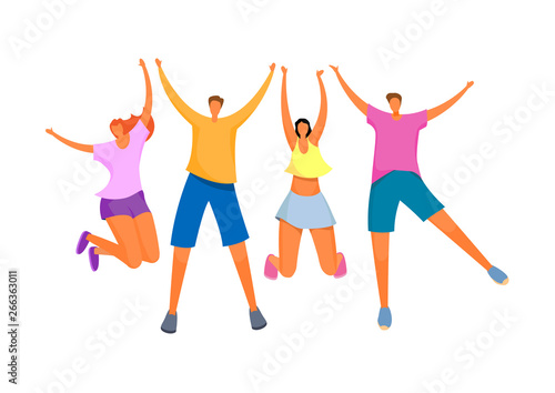 Group of young happy people. Boys and girls happily raised their hands up. Friends on summer vacation. Vector illustration.