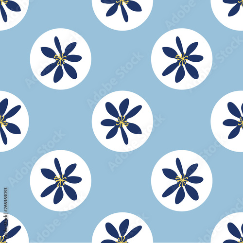 Cute floral dot seamless pattern in blue and white. Cheerful daisies on large white polka dots repeat on a sky blue background. Great for summer textiles, girls fashion, stationery products and decor.
