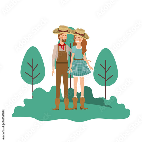 farmers couple talking with straw hat in landscape