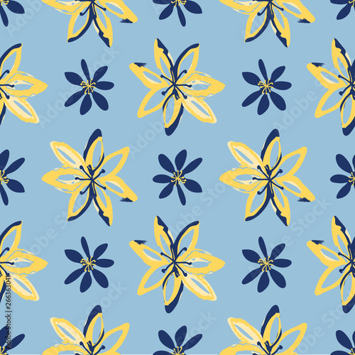 Pretty alternating flowers seamless pattern in blue and yellow. Sketched and painted design, great for spring and summer textiles, fashion, stationery, garden products and home decor items.