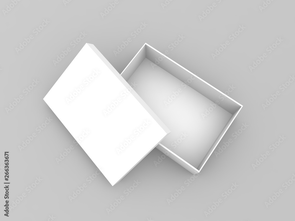 Open white box with lid mockup. 3d render illustration. Open white box with lid mockup. 3d render illustration.