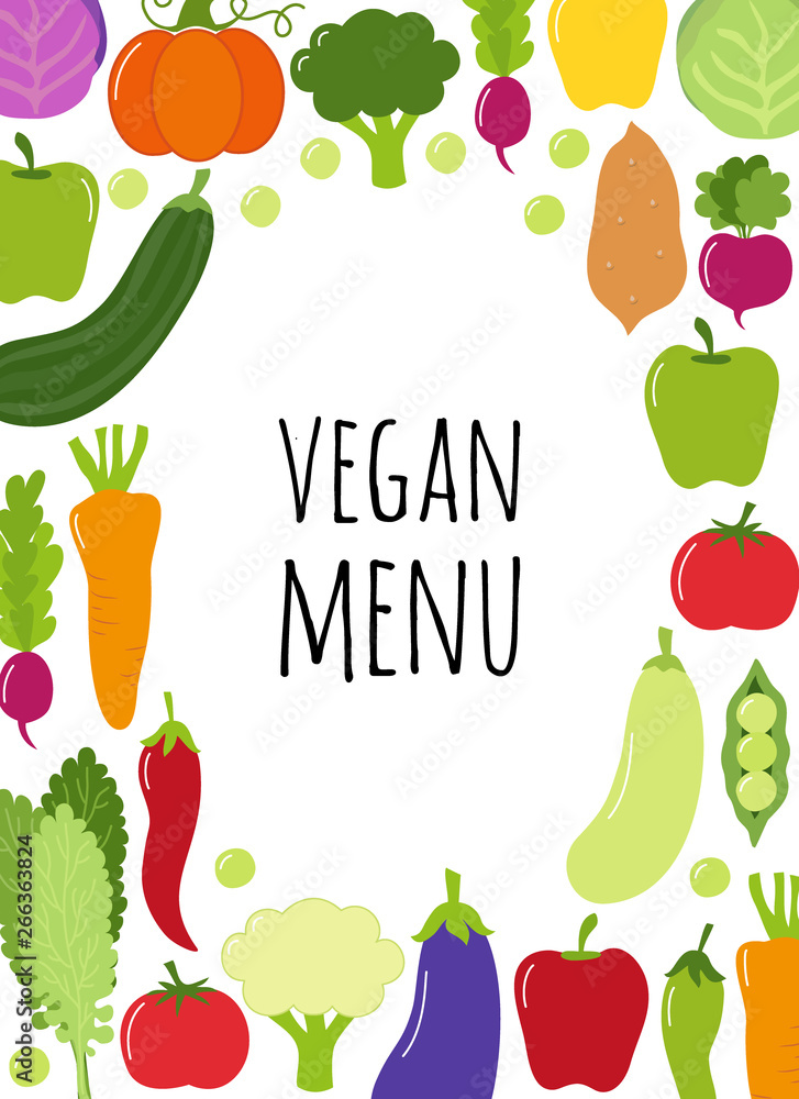 Cute Vegan Menu frame background with various vegetables Cute Vegan Menu frame background with various vegetables