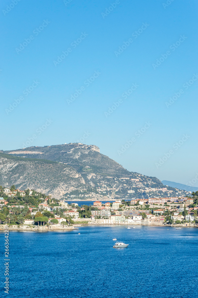 Panoramic view of Villefranche bay with boats and beaches