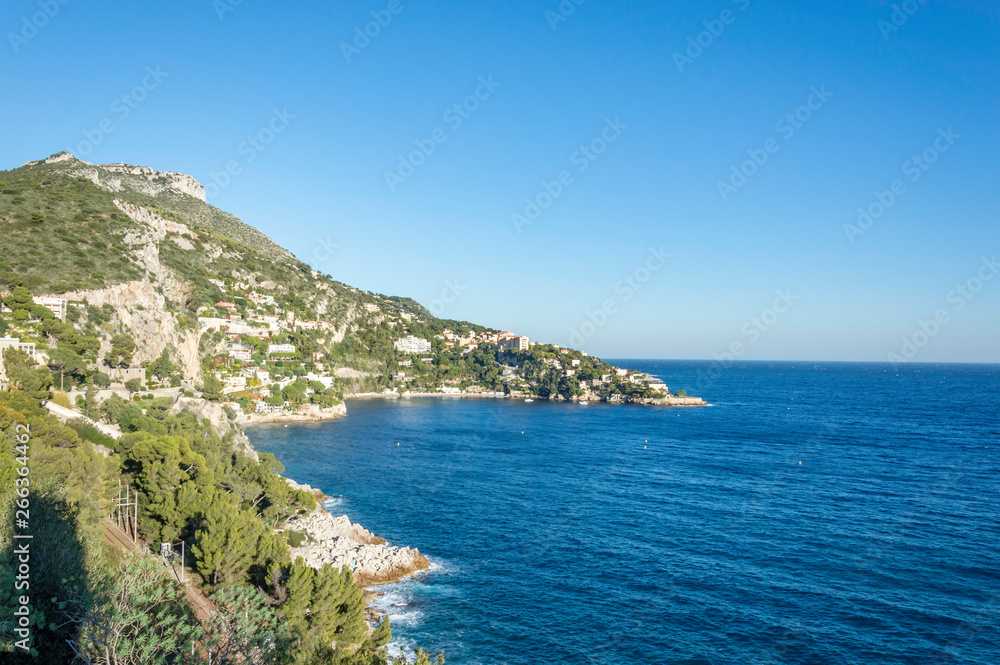 Panoramic view of Villefranche bay with boats and beaches Panoramic view of Villefranche bay with boats and beaches