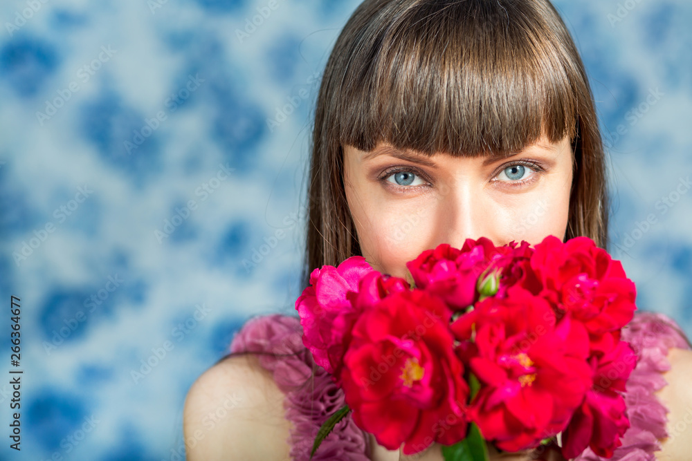 beautiful woman with flowers happy smiling beautiful woman with flowers happy smiling