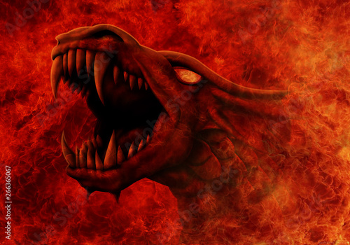 Dragon with snarling mouth comes out of a raging fire