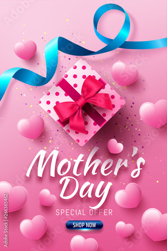 Happy Mother's Day Sale Poster or banner with gift box and sweet heart.Happy Mother's Day.Trendy Design Template for Mother's Day and love concept.Vector illustration EPS10
