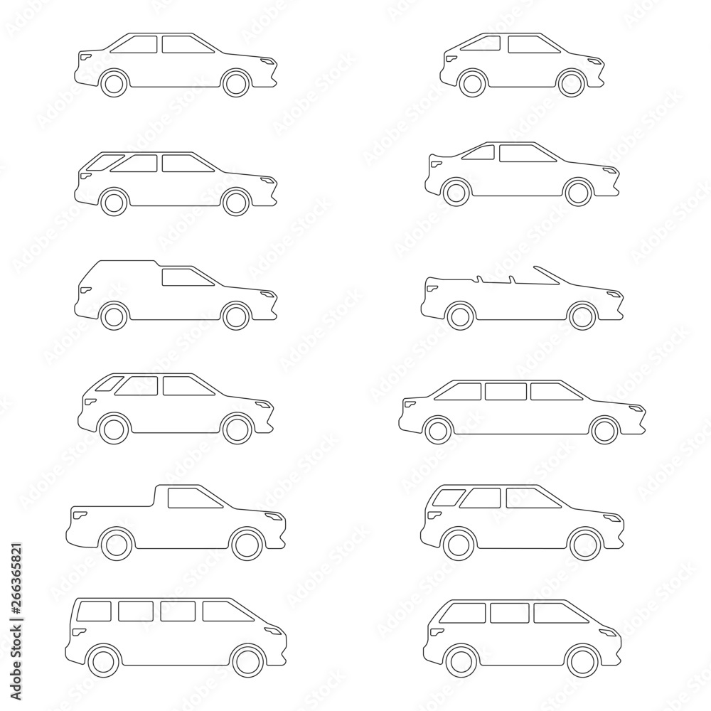Vector images of popular and common car body types: sedan, station wagon, hatchback, SUV, pickup, limousine, minibus, minivan, crossover, van, convertible, coupe.