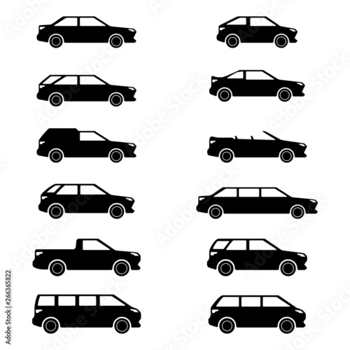 Vector images of popular and common car body types: sedan, station wagon, hatchback, SUV, pickup, limousine, minibus, minivan, crossover, van, convertible, coupe.