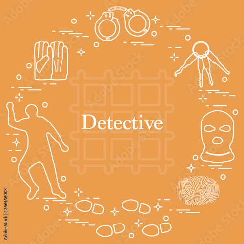 Criminal and detective elements. Crime, law and justice vector icons.