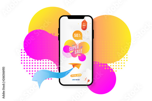 Banner Super Sale in Mockup Smartphone. Special offer 50% with paper plane and loudspeaker on colour liquid background. Flat vector illustration EPS 10