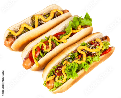 Delicious hotdogs on white background