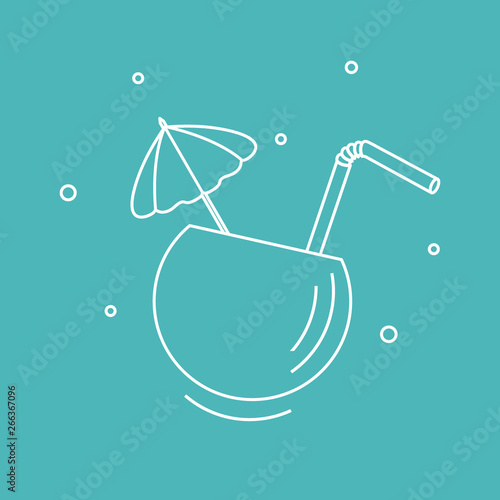 Stylized icon of the cocktail in half coconut, tube and umbrella. Travel and leisure.