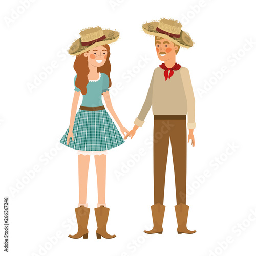 farmers couple talking with straw hat
