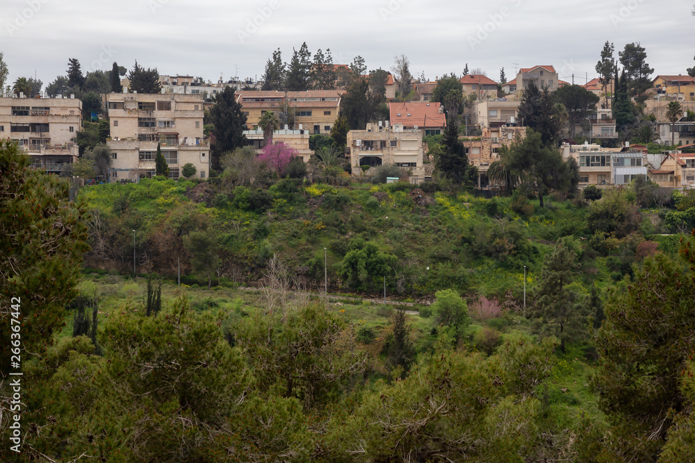 Beautiful view of residential homes on top of a hill in a city during a cloudy day. Taken in Jerusalem, Israel.