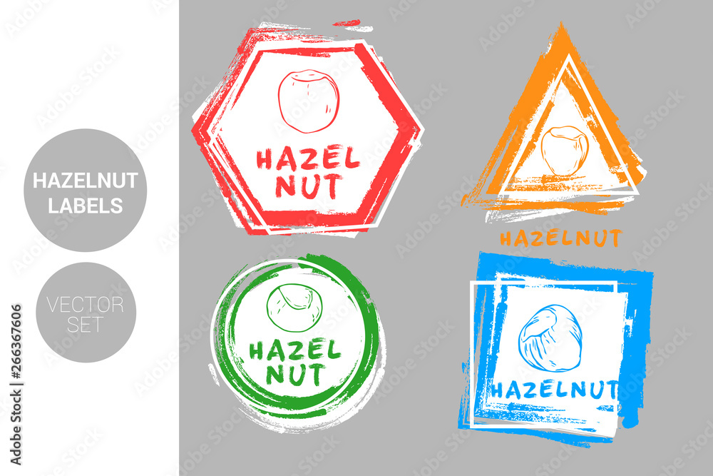 Hazelnut colorful label set. Raw organic nuts Badge shapes. Creative Nut tags. Raw food stickers ready for web and print. Painting brush style labels. Brush stroke badges.