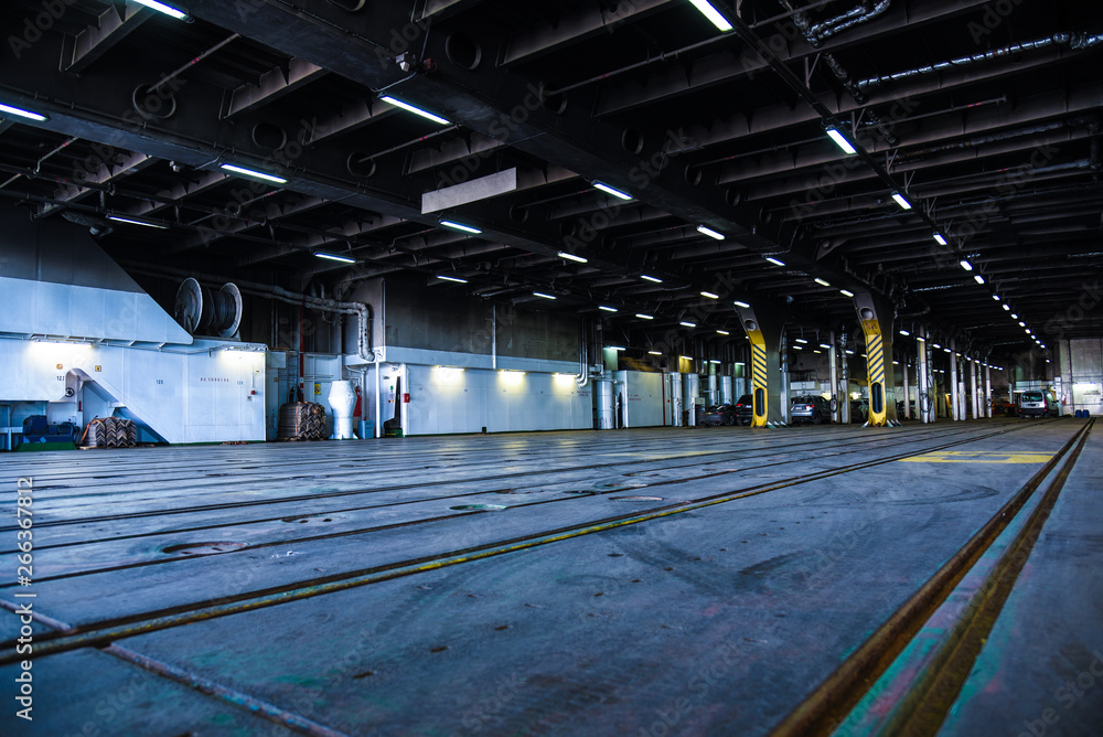 Marine ferry, cargo decks, for cars and trains