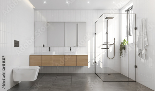 3d rendering of a white and grey contemporary modern bathroom