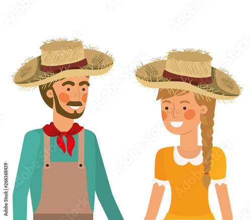 farmers couple talking with straw hat