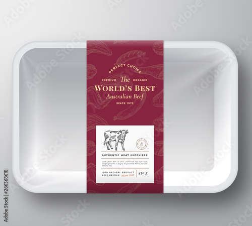 Worlds Best Beef Abstract Vector Plastic Tray Container Cover. Premium Meat Packaging Design Label Layout. Hand Drawn Cow, Steak, Sausage, Wings and Legs Sketch Pattern Background.