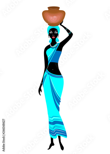 A slender African-American lady. The girl carries a jug on her head. The woman is beautiful and young. Vector illustration