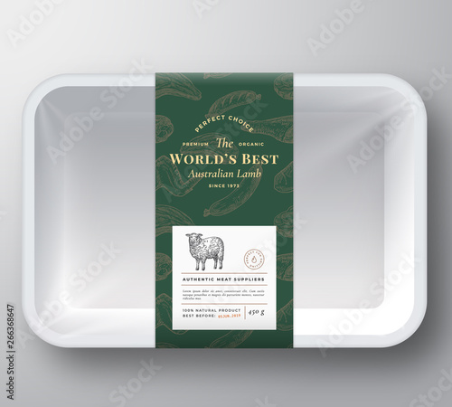 Worlds Best Lamb Abstract Vector Plastic Tray Container Cover. Premium Meat Packaging Design Label Layout. Hand Drawn Sheep, Steak, Sausage, Wings and Legs Sketch Pattern Background.