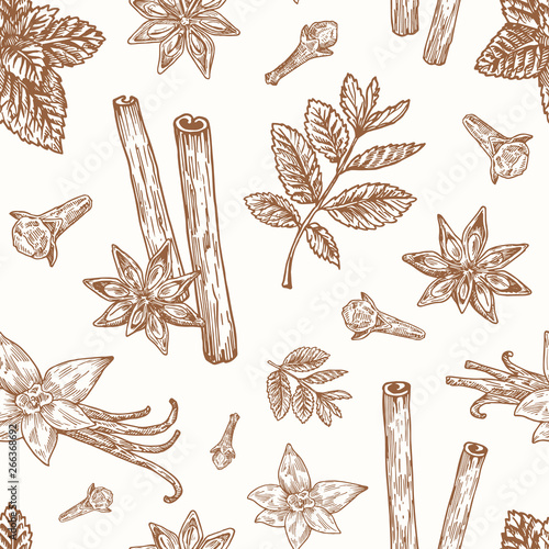 Hand Drawn Anise, Mint, Cinnamon, Clove and Vanilla Vector Seamless Background Pattern. Spices Sketches Card or Cover Template
