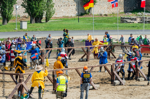 Smederevo, Serbia - May 02, 2019: The Battle of the Nations – the world championship in national historical medieval battles. Knights In Fight With Sword and ax. Fighting knights. Smederevo Fortress.