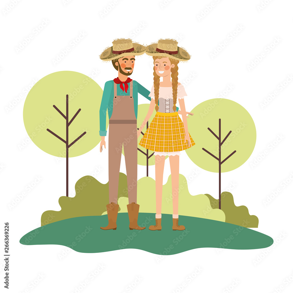 farmers couple talking with straw hat in landscape farmers couple talking with straw hat in landscape