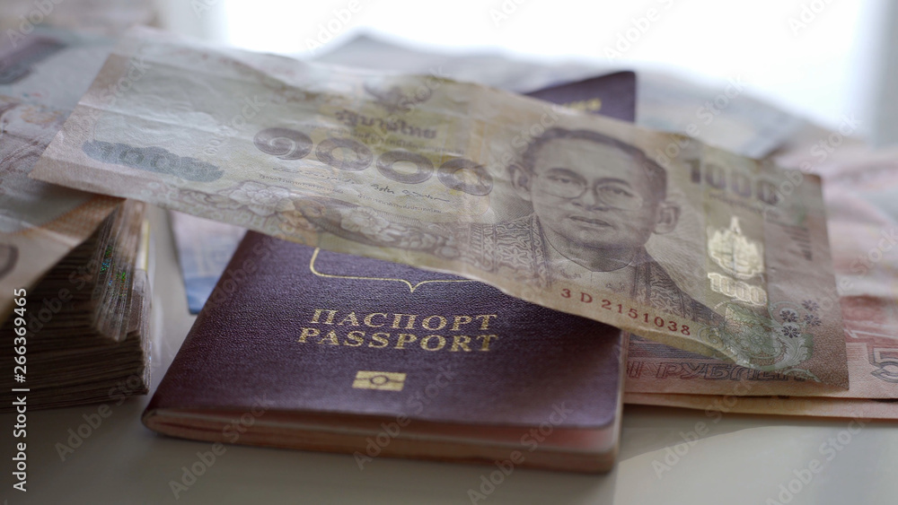 Concept Preparing for travel, money, passport, plane, close up