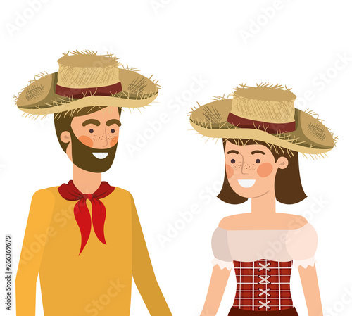 farmers couple talking with straw hat