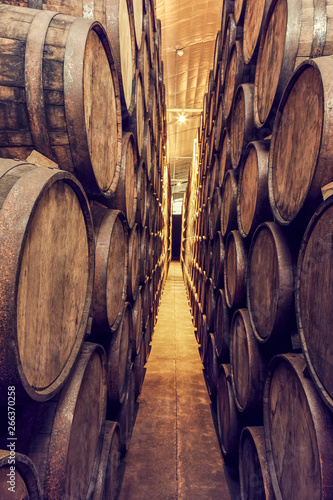Detail of wine barrels stacked 