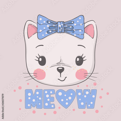 Cute cat girl face with bow. Meow slogan. Cartoon vector illustration design for t-shirt graphics, fashion prints