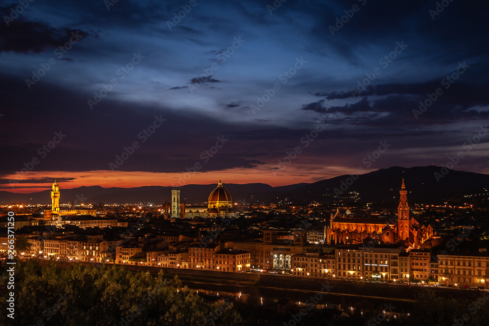 Florence (Firenze) night cityscape. Beautiful night view of Florence, Santa Maria Novella and Florence Duomo, Florence Palazzo Vecchio, Italy.