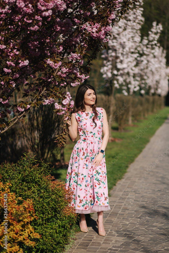 Attractive young girl walkin in the park neat the pink tree. Sakura tree Attractive young girl walkin in the park neat the pink tree. Sakura tree