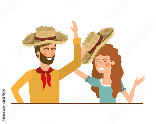 farmers couple talking with straw hat