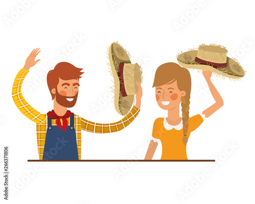 farmers couple talking with straw hat