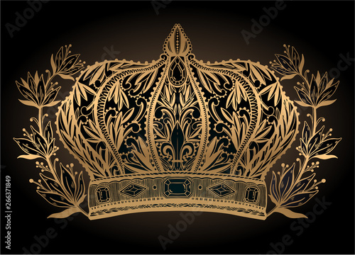 Crown king and queen elegant drawing art. Gold color in black background.