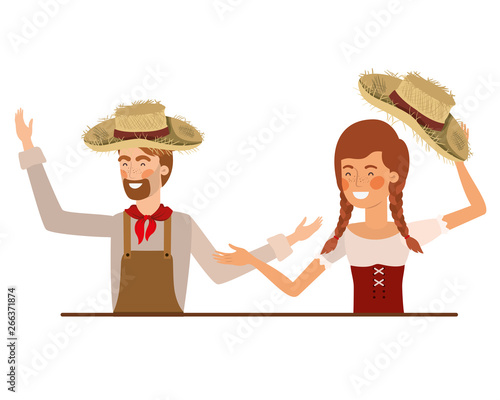 farmers couple talking with straw hat