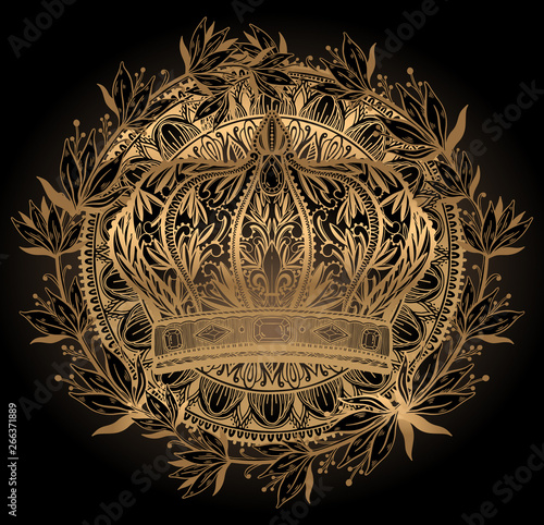 Crown king and queen elegant drawing art. Gold color in black background.