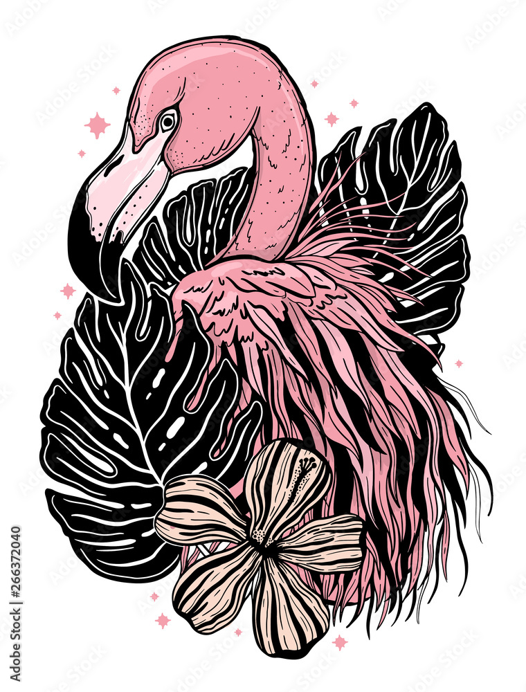 Flamingo tattoo tropical animal bird. Summer nature drawing. Black and pink  color isolated ina white background. Stock Vector | Adobe Stock